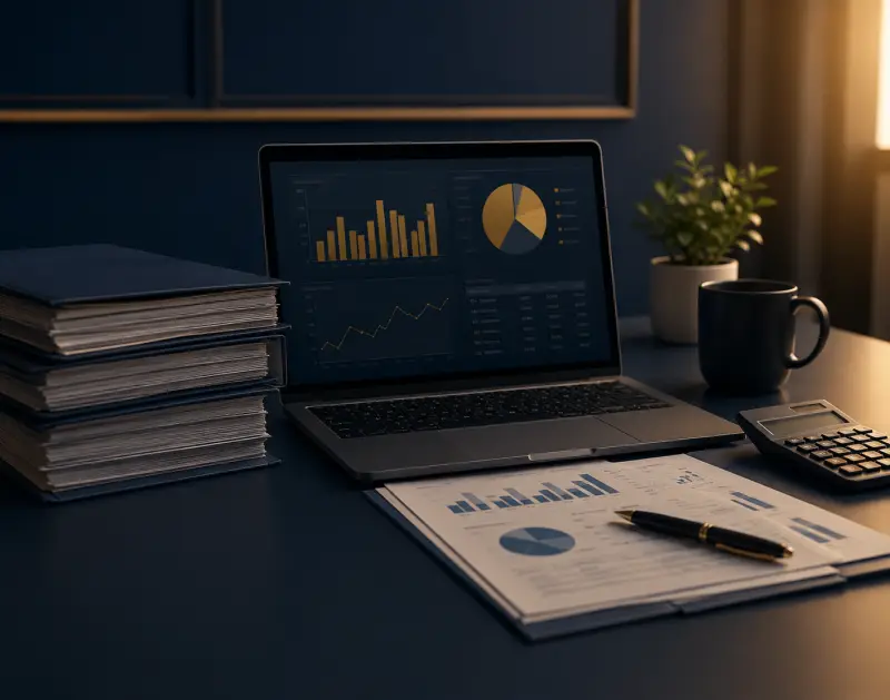 Laptop showing financial dashboards with charts and reports on a navy desk